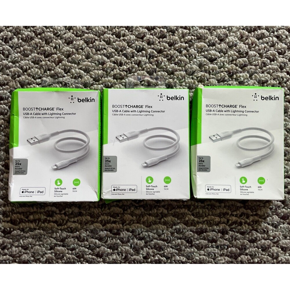 3 New Sealed Belkin 6 Inch 15 CM Lightning To USB-A Cables MFi Certified